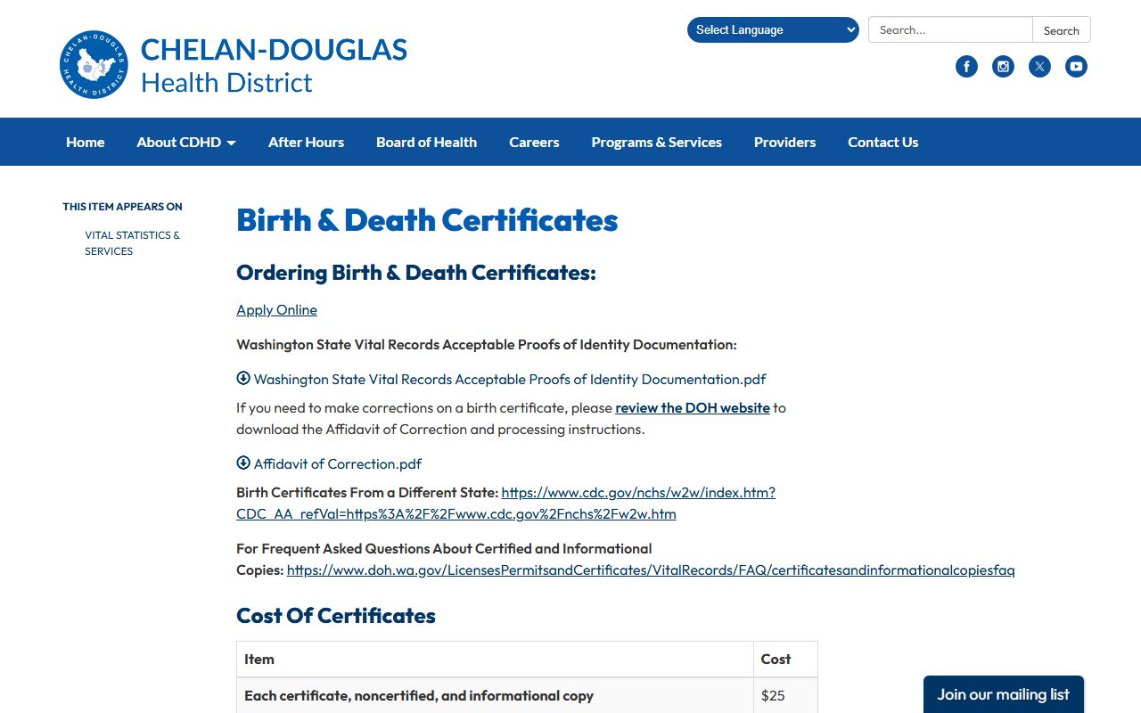 Chelan County Birth Records - Chelan-Douglas Health District vital records page