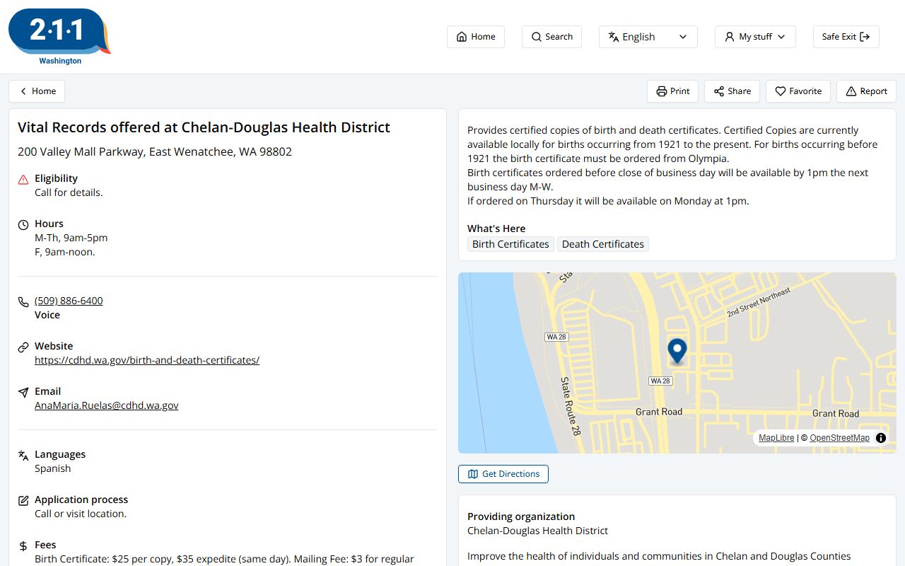 Chelan County Birth Records - WA211 community resource listing for Chelan-Douglas Health District