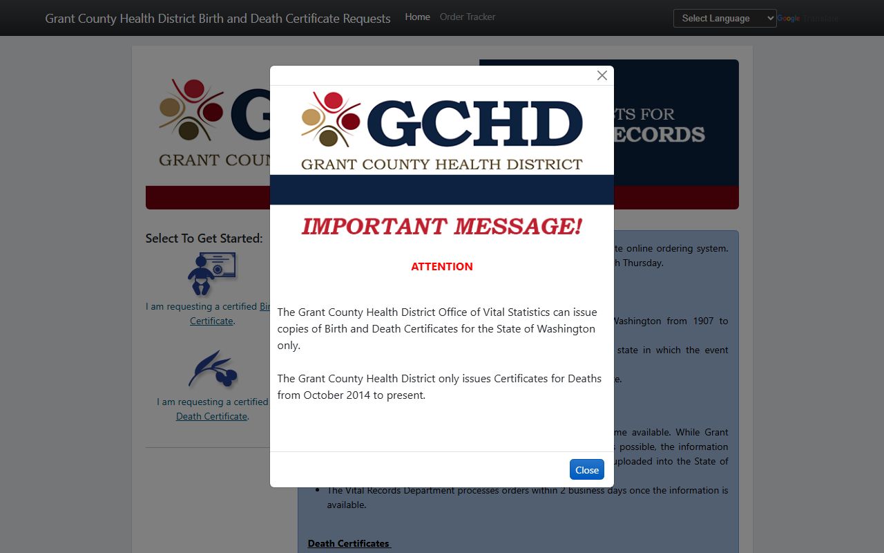 Grant County Birth Records - Online Ordering Portal