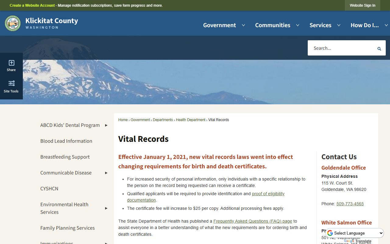 Klickitat County Birth Records - Health Department Vital Records Page