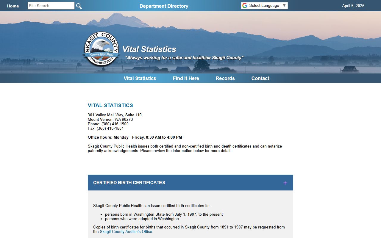 Skagit County Birth Records - Public Health Vital Statistics office page