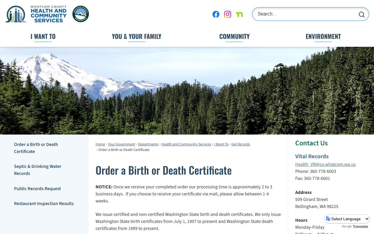 Whatcom County Birth Records - County birth and death certificate ordering page