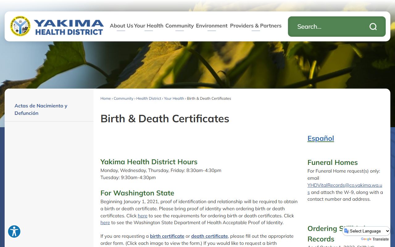 Yakima County Birth Records - Yakima County Health District vital records page