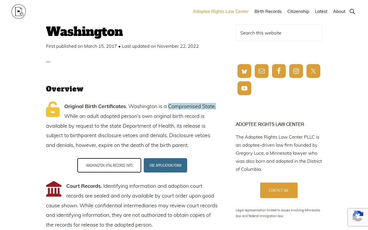 Washington Birth Records - Adoptee Rights Law Center Washington Analysis