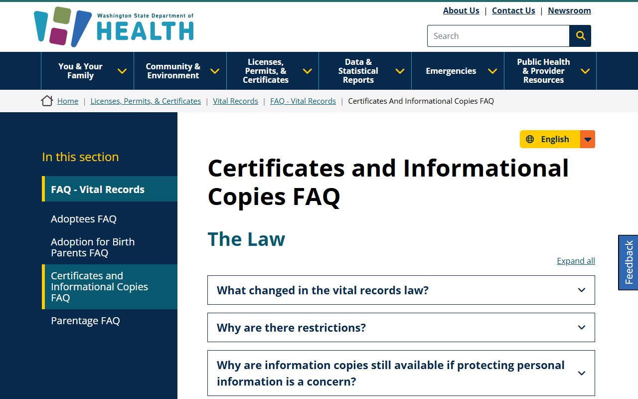 Washington Birth Records - Certificates FAQ from Department of Health