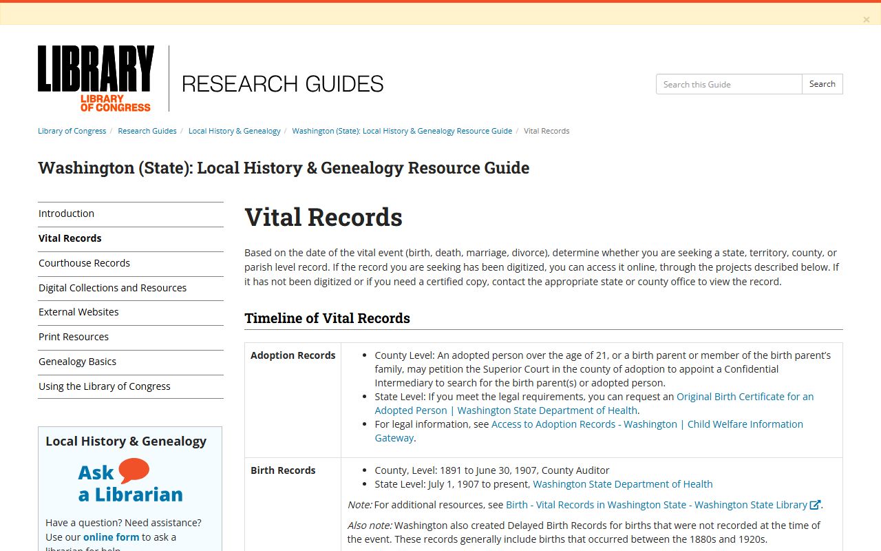 Washington Birth Records - Library of Congress Guide to Vital Records