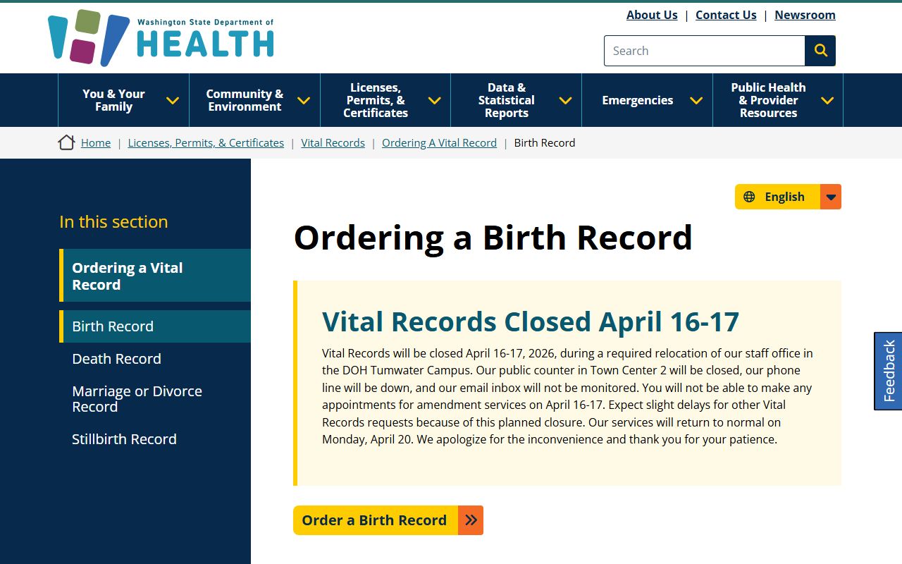 Washington Birth Records - State Ordering Page for Birth Certificates