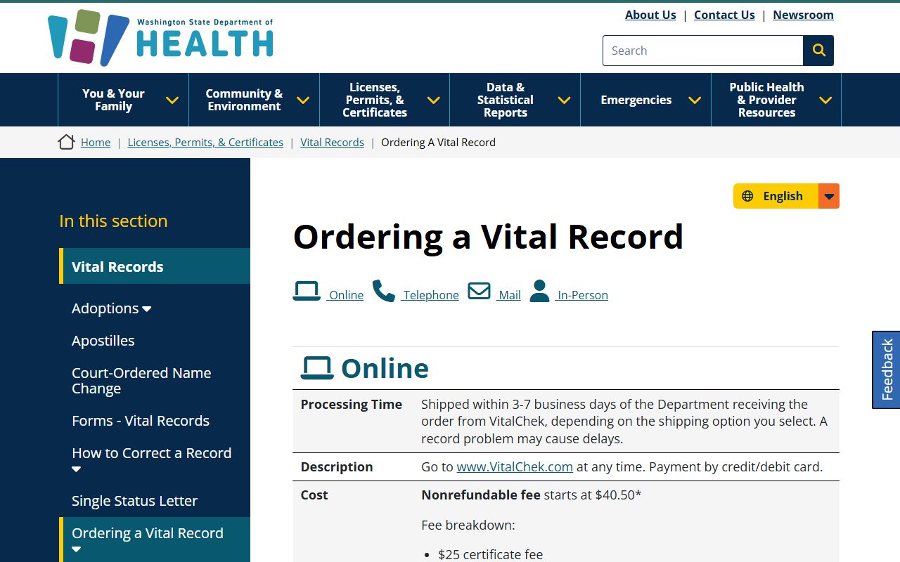 Washington Birth Records - Ordering Methods Overview