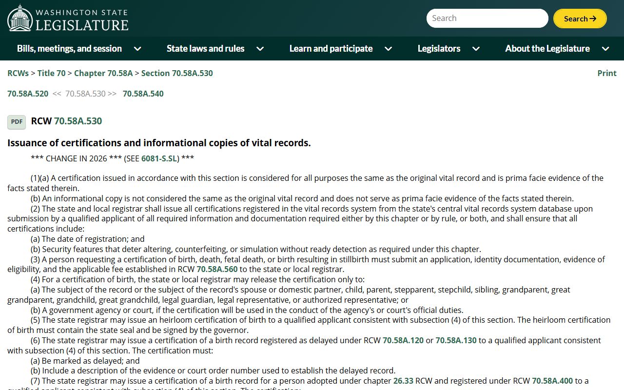 Washington Birth Records - RCW 70.58A.530 Certification Rules