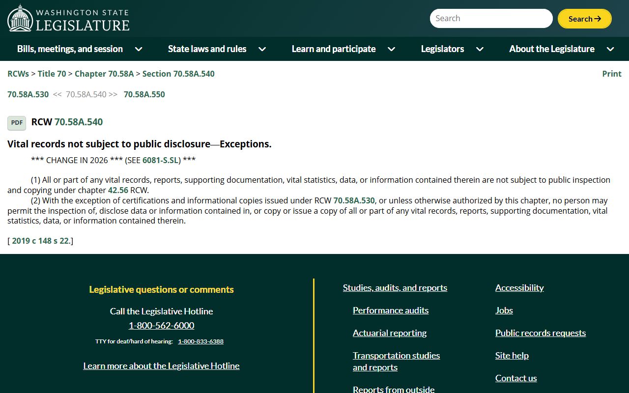 Washington Birth Records - RCW 70.58A.540 Non-Disclosure Statute