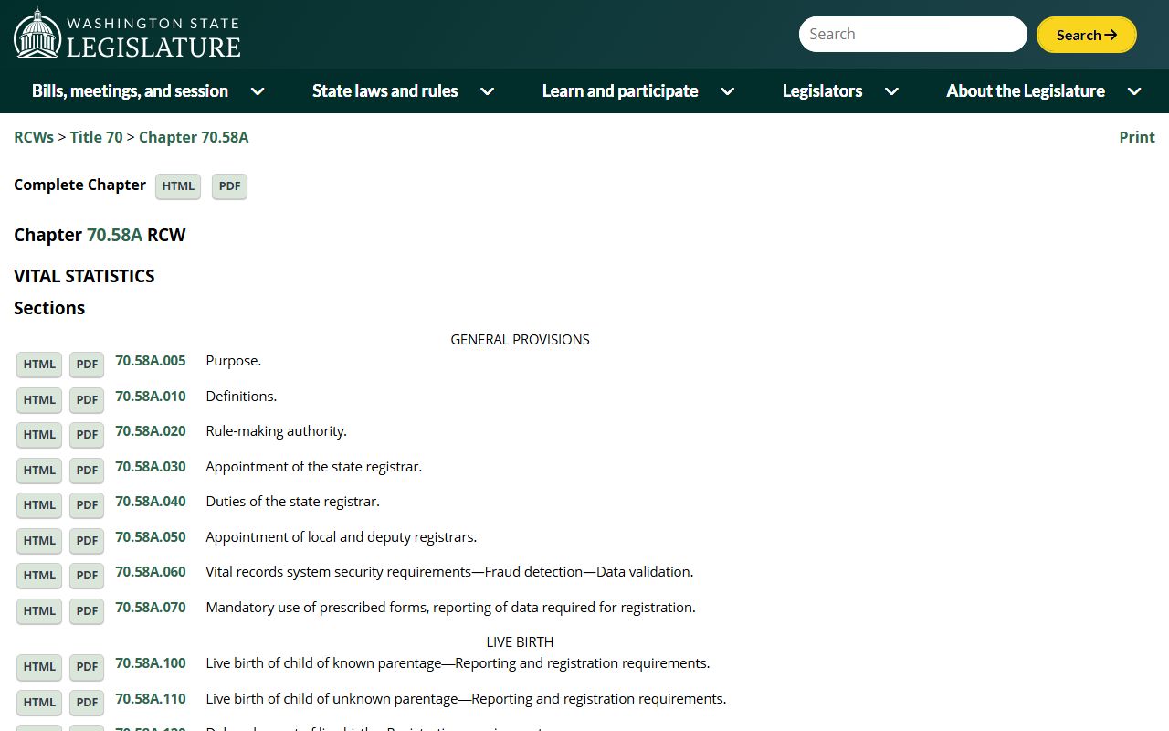 Washington Birth Records - RCW Chapter 70.58A Vital Statistics Law